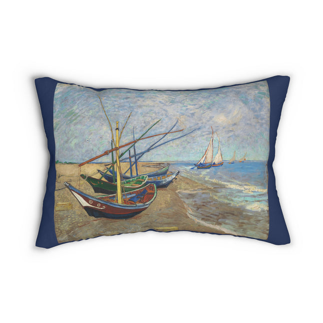 Fishing Boats on the Beach at Saintes-Maries by Vincent Van Gogh Spun Polyester Lumbar Pillow