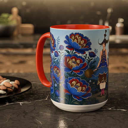 💙🌺 The Sapphire Blossom Garden Dancer Colorful Mug – Art Deco Fashion Fantasy