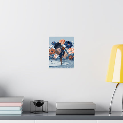 ☂️🌸 The Lady Of The Grand Floral Journey Matte Vertical Poster – Art Deco Fashion Illustration