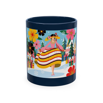 🎄🌸 The Lady Of The Striped Christmas Garden Ceramic Mug – Art Deco Holiday Whimsy
