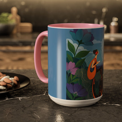 The Lady And The Sea Breeze Colorful Mugs – Art Deco Coastal Serenity