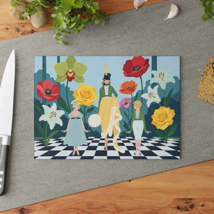 🌺🎩 The Lady And Children Of The Grand Flower Garden Glass Cutting Board – Art Deco Fashion Whimsy