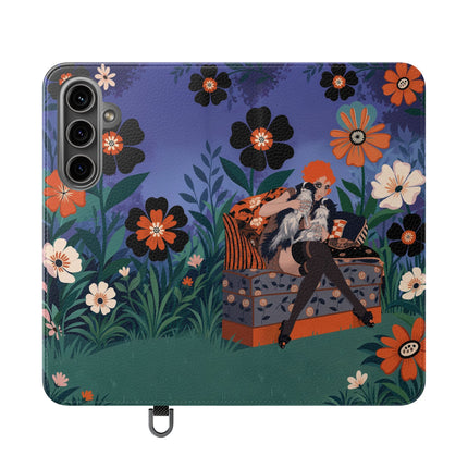 🌺🐈 The Lady Of The Midnight Garden Cat Flip Case – Art Deco Floral Fantasy