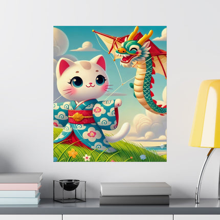 🪁🐉 Geisha Kitten and the Dragon Kite Matte Vertical Poster – Joyful Flight & Dragon Spirit