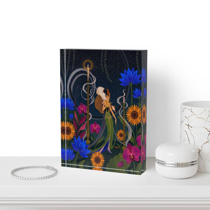 🌙🪷 The Lady Of The Midnight Lotus Garden Acrylic Art Block – Art Deco Nocturne