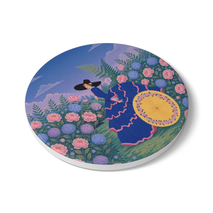 🌸☂️ The Lady Of The Flower Garden Parasol Ceramic Coaster – Art Deco Garden Elegance