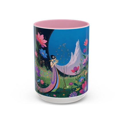The Lady And The Moonlit Peak Colorful Mugs – Art Deco Alpine Garden Elegance