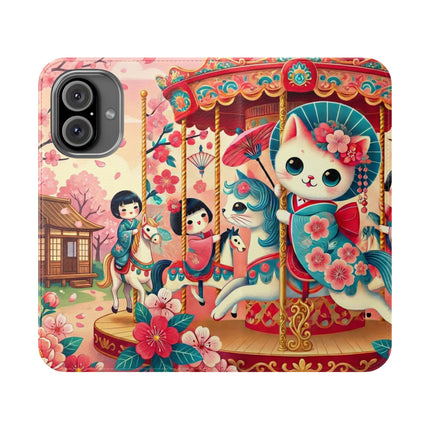 🎠🌸 Geisha Kitten's Enchanted Carousel Flip Case – Whimsical Dreams & Cherry Blossom Magic