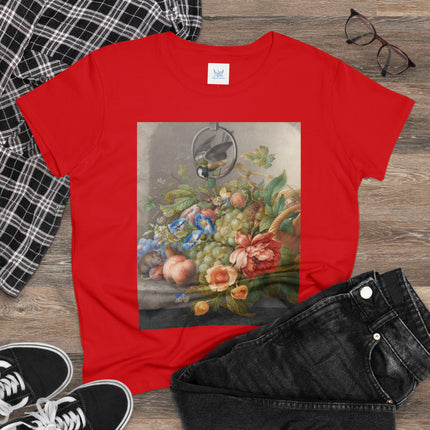 Still Life With Flowers, Fruit, A Great Tit And A Mouse by Herman Henstenburgh Women's Midweight Cotton Tee
