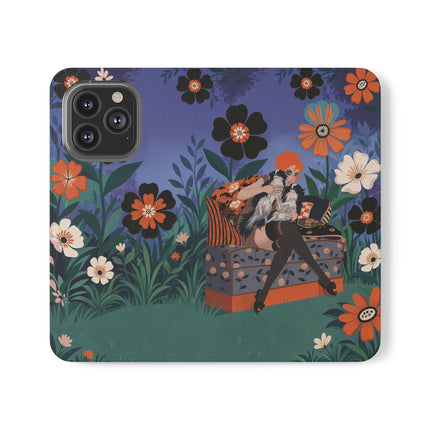🌺🐈 The Lady Of The Midnight Garden Cat Flip Case – Art Deco Floral Fantasy