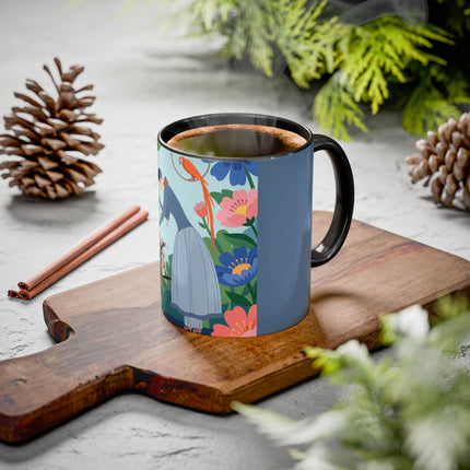 The Lady And The Mysterious Bird Colorful Mugs – Art Deco Botanical Mystery