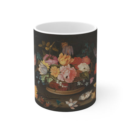 Flowers in a Wicker Basket on a Table by Balthasar van der Ast Ceramic Mug 11oz