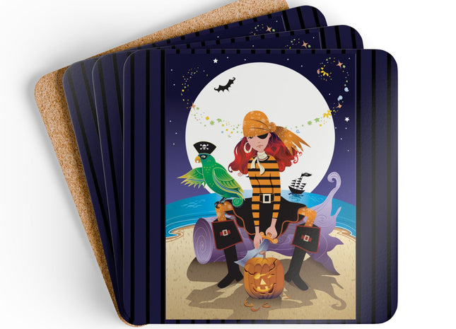 Moonlit Pirate Halloween Corkwood Coaster Set