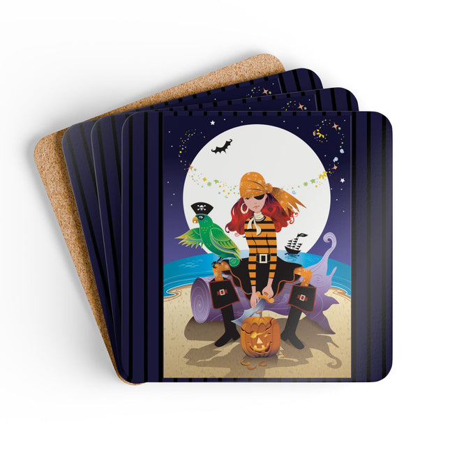 Moonlit Pirate Halloween Corkwood Coaster Set
