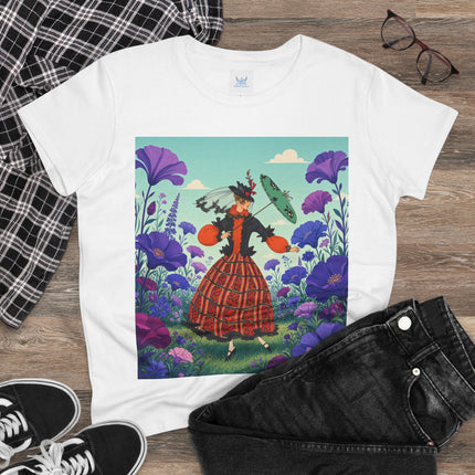 🌺✨ The Enchanted Flower Promenade Cotton Tee – Art Deco Fashion Whimsy
