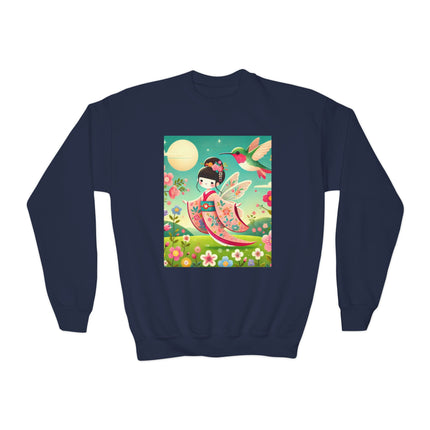 Geisha Fairy and the Hummingbird Blossom Youth Crewneck Sweatshirt – Magic, Grace & Dreamlike Beauty