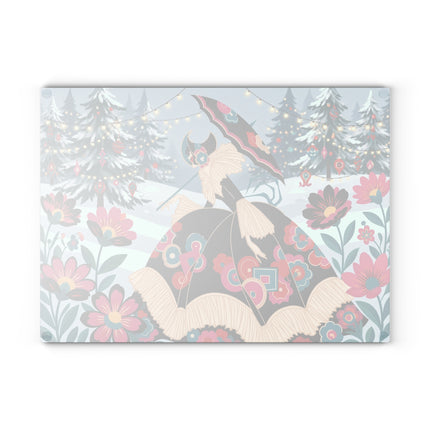 🌸❄️ The Lady Of The Winter Blossom Glass Cutting Board – Art Deco Holiday Fantasy