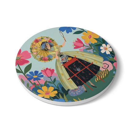 🌸🪞 The Floral Parasol Reflection Ceramic Coaster – Art Deco Garden Fantasy