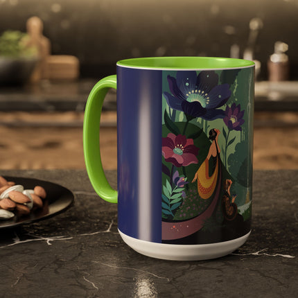 The Lady Of The Moonlit Fountain Colorful Mugs – Art Deco Botanical Serenity