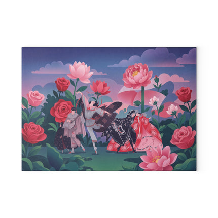 🌹🎭 The Rose Garden Masquerade Glass Cutting Board – Art Deco Floral Fantasy