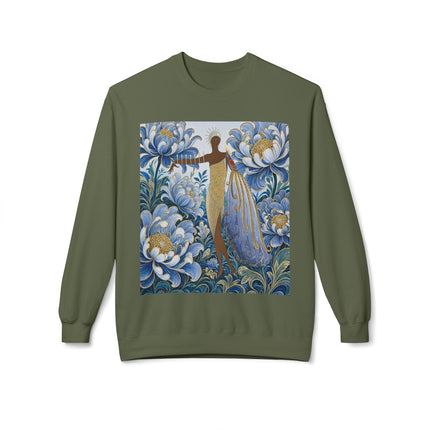 💙✨ The Lady Of The Gilded Blue Blossom Garden Midweight Crewneck Sweatshirt – Art Deco Floral Elegance