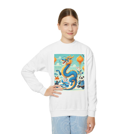 Blue & Gold Dragon Festival Parade Youth Crewneck Sweatshirt – Celebration, Color & Joyful Movement