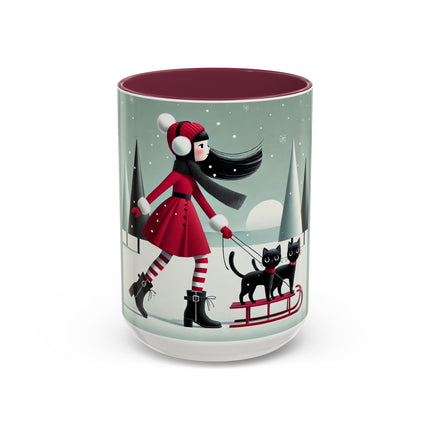 Red Sled & Curious Cats Colorful Mugs (11oz, 15oz)