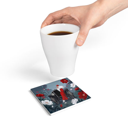 🚗🌺 The Lady Of The Grand Touring Car Ceramic Coaster – Art Deco Motoring Elegance