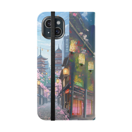 🦚🌸 Techno Plumes Peacock Flip Case – Neon Elegance & Sakura Dreams