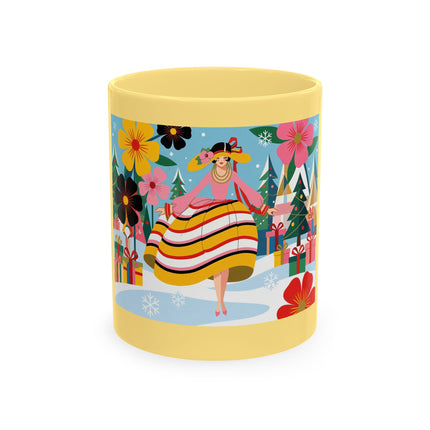 🎄🌸 The Lady Of The Striped Christmas Garden Ceramic Mug – Art Deco Holiday Whimsy
