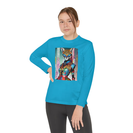 Cyber Cat Glamour Youth Long Sleeve Competitor Tee – Neon Elegance & Futuristic Style