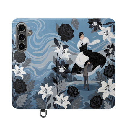 🖤🤍 The Lady Of The Black Rose Garden Flip Case – Art Deco Floral Elegance