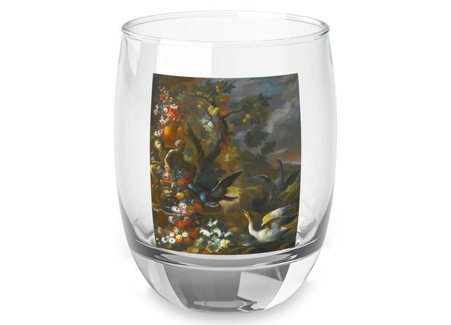 Still Life With Birds Beside An Ornate Fountain by Nicola Casissa Whiskey Glass
