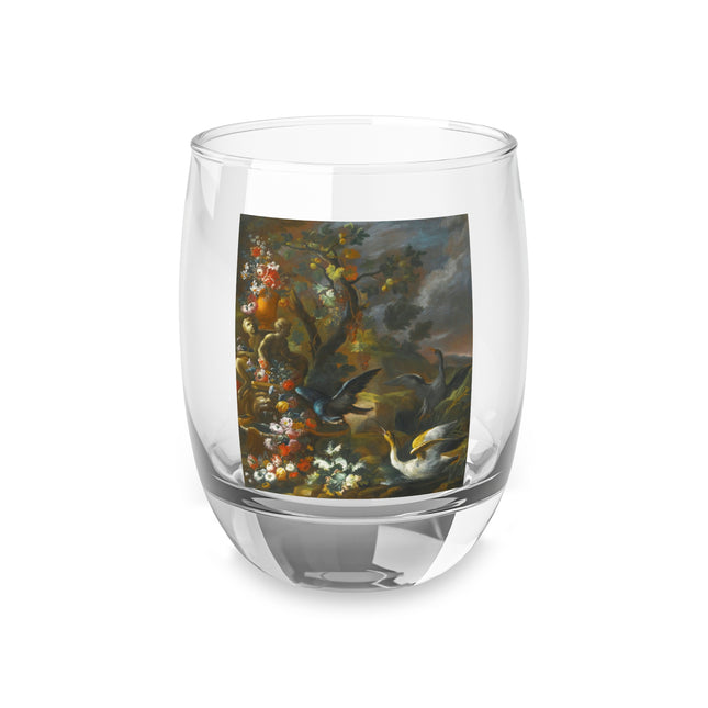 Still Life With Birds Beside An Ornate Fountain by Nicola Casissa Whiskey Glass