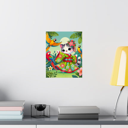 🦜🐱 Parrot Dance of the Geisha Kitten Matte Vertical Poster – Tropical Whimsy & Colorful Charm