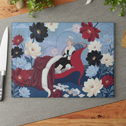 🌺💌 The Lady Of The Scarlet Chaise Glass Cutting Board – Art Deco Floral Fashion Elegance