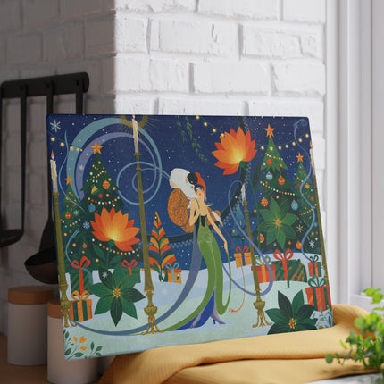 🪷🎄 The Lady Of The Christmas Lotus Garden Glass Cutting Board – Art Deco Holiday Fantasy