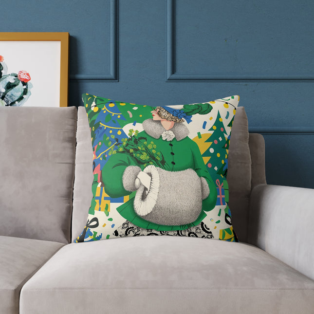 💚🎄 The Emerald Holly Christmas Square Pillow – Art Deco Holiday Elegance