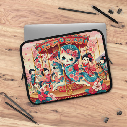 Geisha Kitten's Enchanted Carousel Laptop Sleeve – Whimsical Dreams & Cherry Blossom Magic