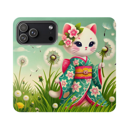 🌾🌼 Geisha Kitten and the Dandelion Wish Flip Case – Gentle Wishes & Quiet Wonder