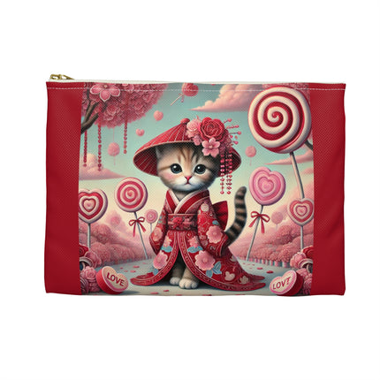 Whimsical Geisha Kitten in a Valentine Garden Accessory Pouch
