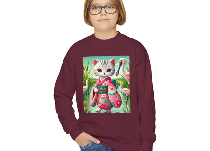 Geisha Kitten Strolls Among the Spoonbills Youth Crewneck Sweatshirt