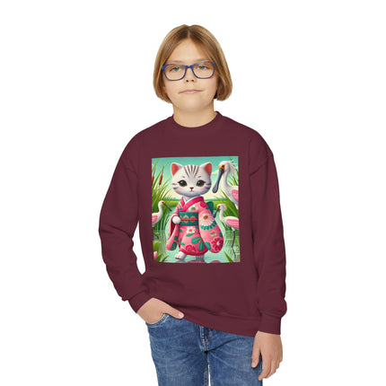 Geisha Kitten Strolls Among the Spoonbills Youth Crewneck Sweatshirt – Grace, Nature & Whimsical Elegance