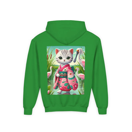 Geisha Kitten Strolls Among the Spoonbills Youth Hooded Sweatshirt – Graceful Nature & Whimsical Charm