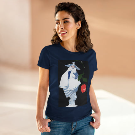 Blue & White Porcelain Geisha Women's Midweight Cotton Tee – Refined Elegance & Timeless Charm