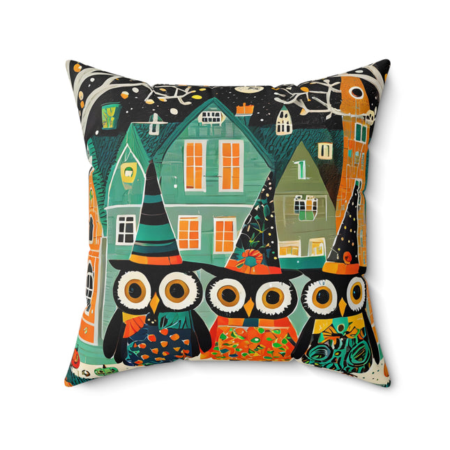 Night of the Trick-or-Treating Owlets Spun Polyester Square Pillow