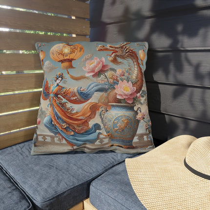 Golden Dragon & Lantern Lady Outdoor Pillows – Imperial Dragon & Elegant Harmony