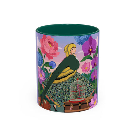 The Lady And The Crimson Birdcage Colorful Mugs – Art Deco Tropical Garden Elegance