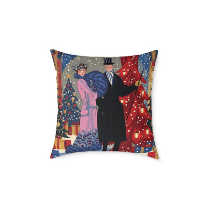 🎄✨ Christmas Eve Promenade Square Pillow – Art Deco Holiday Romance