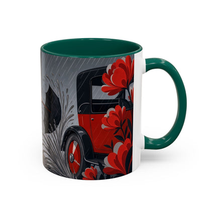 ☔🌹 The Scarlet Rainstorm Promenade Colorful Mug – Art Deco Motoring Elegance